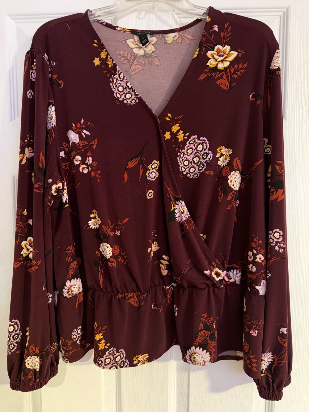 Ann Taylor Maroon Floral Faux-Wrap Long Sleeve Top Size XL
